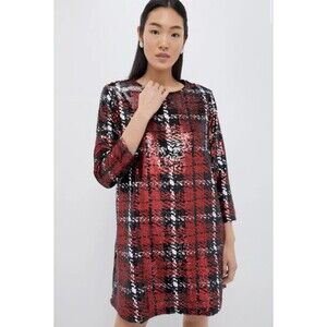 NEW TUCKERNUCK Sequin Pierre Dress Red Houndstooth Plaid Size Medium